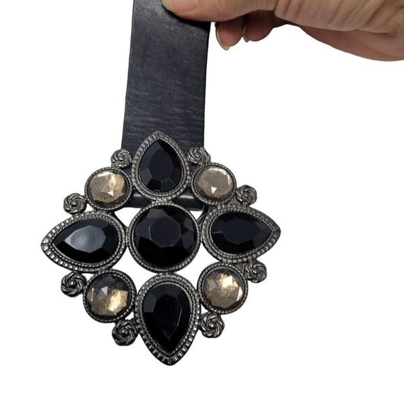 WHBM Leather Belt L Black Silver Rhinestone Flower Medallion‎ Buckle Glam main image 5